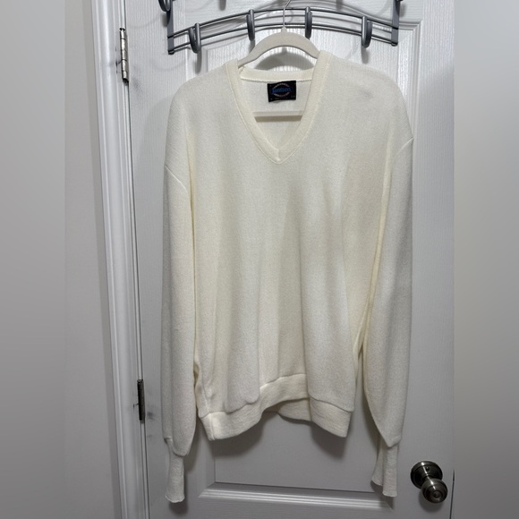 Vintage 80s Jantzen V Neck Sweater Mens XL Off White Acrylic USA Tennis Prep - Picture 1 of 16